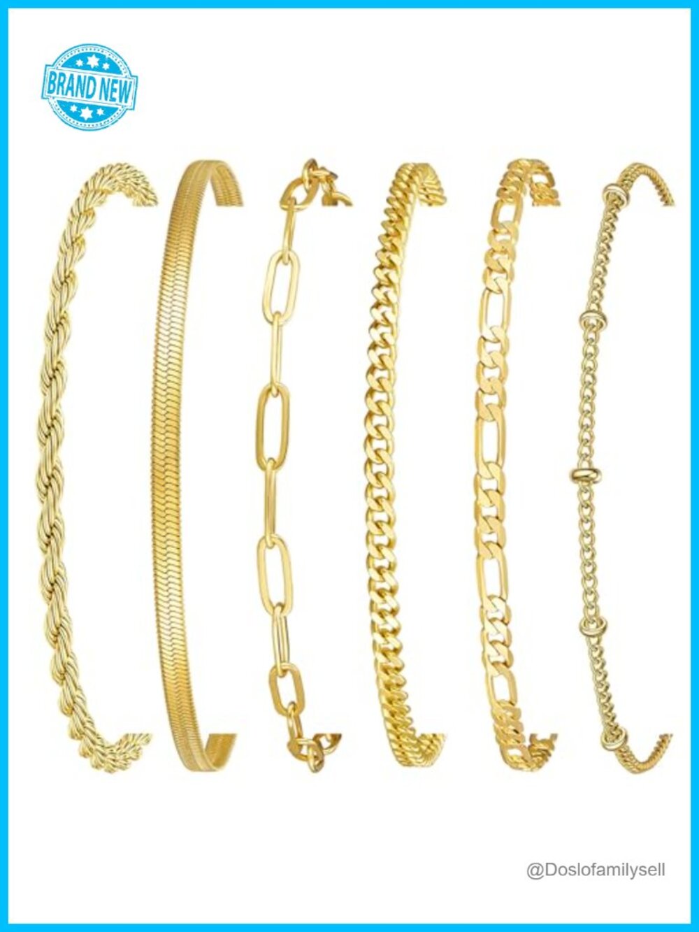 6-Piece 18K Gold Plated Stainless Steel Bracelet Stack Set with Extender